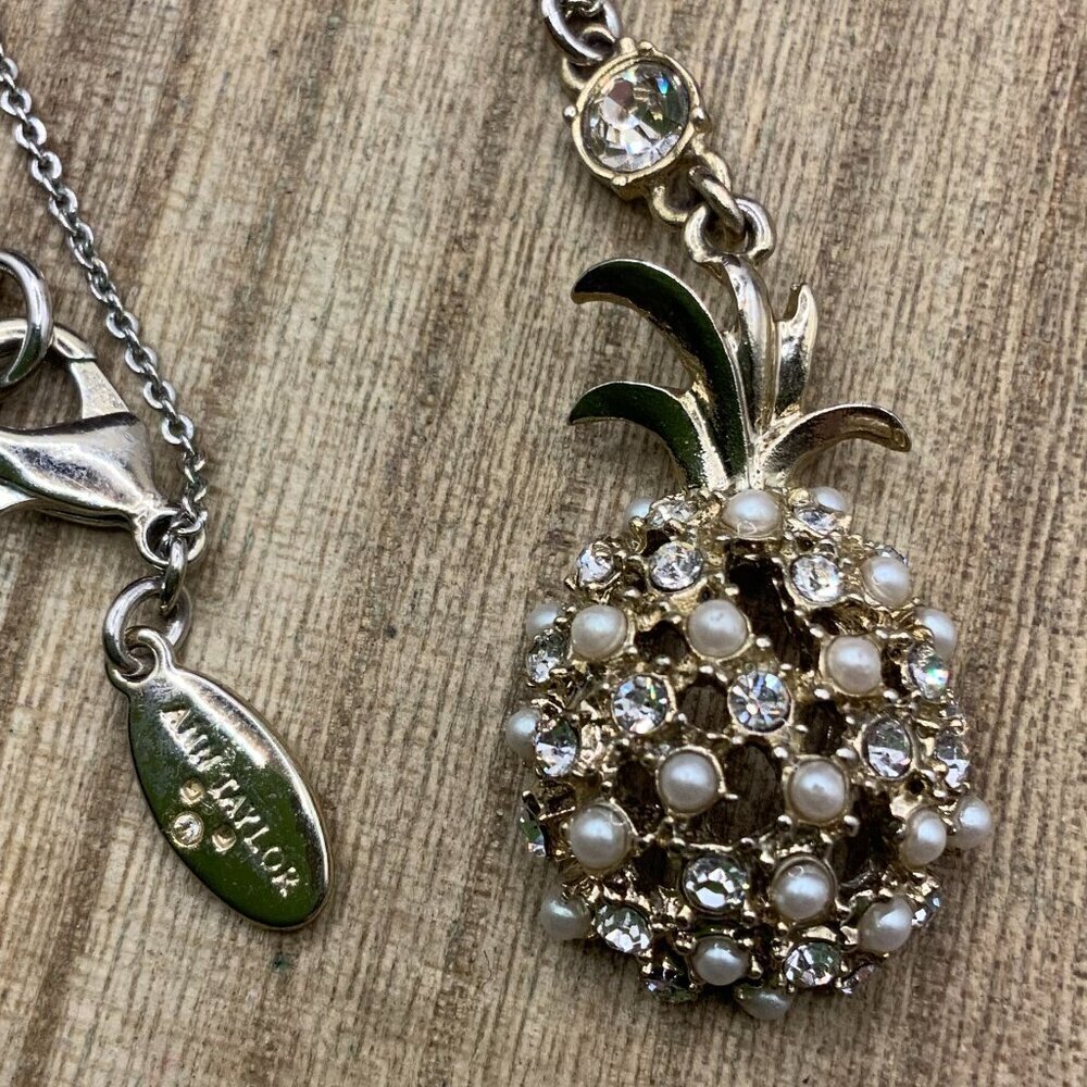 Ann Taylor Faux Pearl Rhinestone Gold Tone Pineapple Pendant Necklace